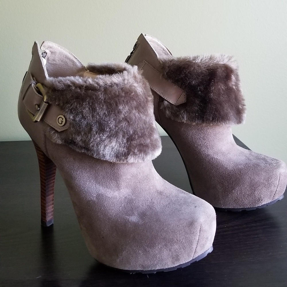 Guess Tan and Brown Ankle Boots with Fur Trim